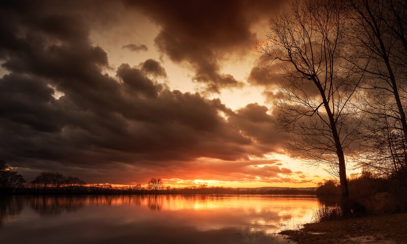 Sunset over Lake — Orange, Dramatic, Photograph, Clouds, Tree, Reflection