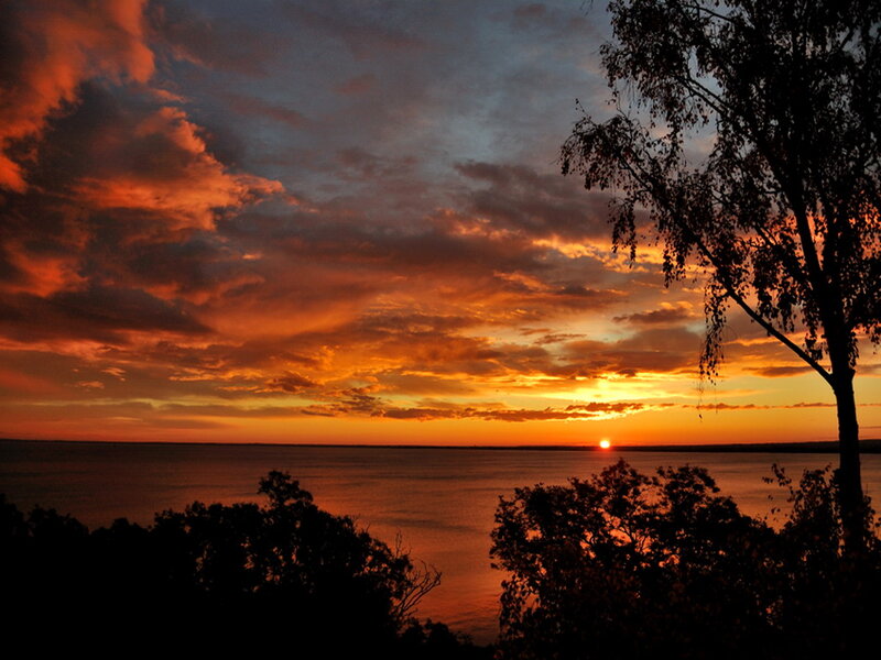 Sunset over Lake — Orange, Dramatic, Photograph, Clouds, Tree, Sun