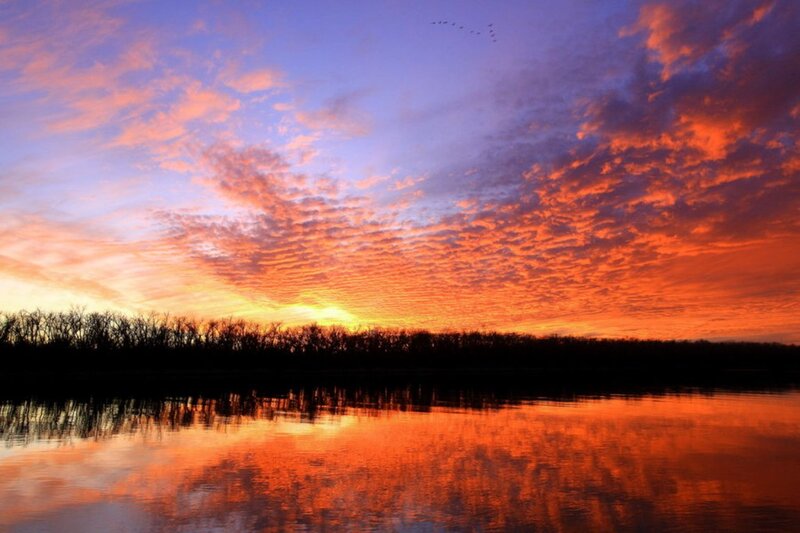 Sunset over Lake — Orange, Dramatic, Photograph, Clouds, Trees, Birds