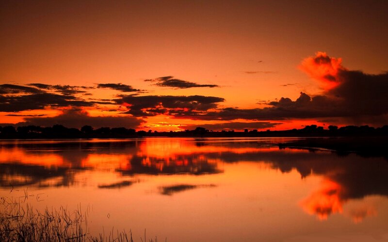 Sunset over Lake — Orange, Dramatic, Photograph, Clouds, Trees, Grass, Red
