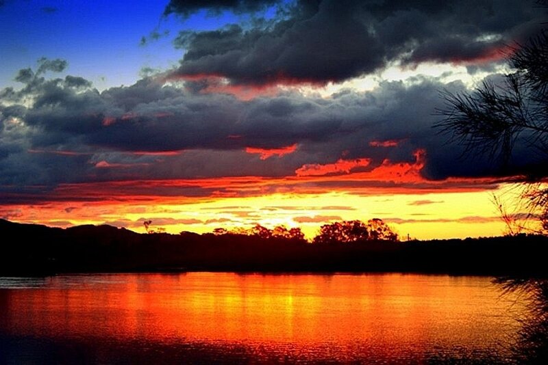 Sunset over Lake — Orange, Dramatic, Photograph, Clouds, Trees, Mountains, Red, Blue