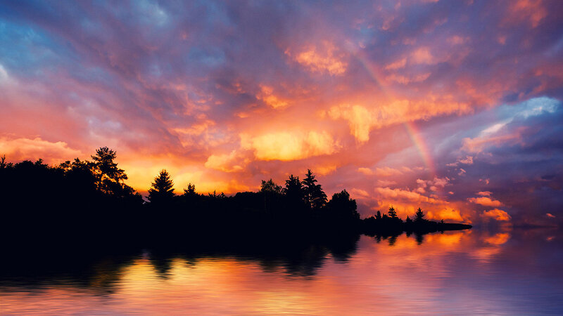 Sunset over Lake — Orange, Dramatic, Photograph, Clouds, Trees, Rainbow