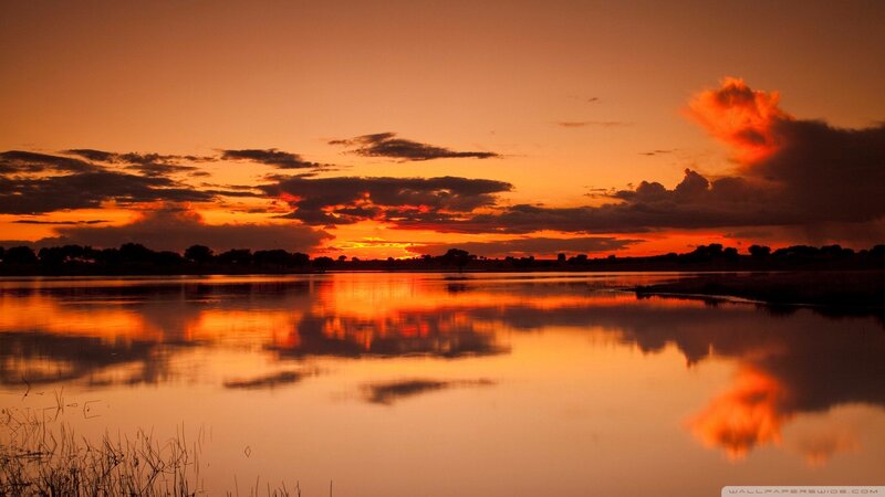 Sunset over Lake — Orange, Dramatic, Photograph, Clouds, Trees, Reflection, Red