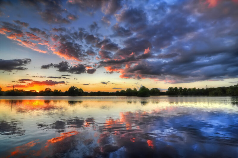 Sunset over Lake — Orange, Dramatic, Photograph, Clouds, Trees, Reflection