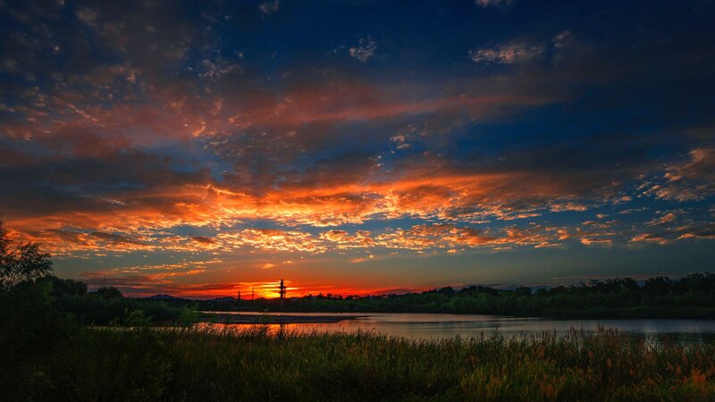 Sunset over Lake — Orange, Dramatic, Photograph, Clouds, Trees, Sky
