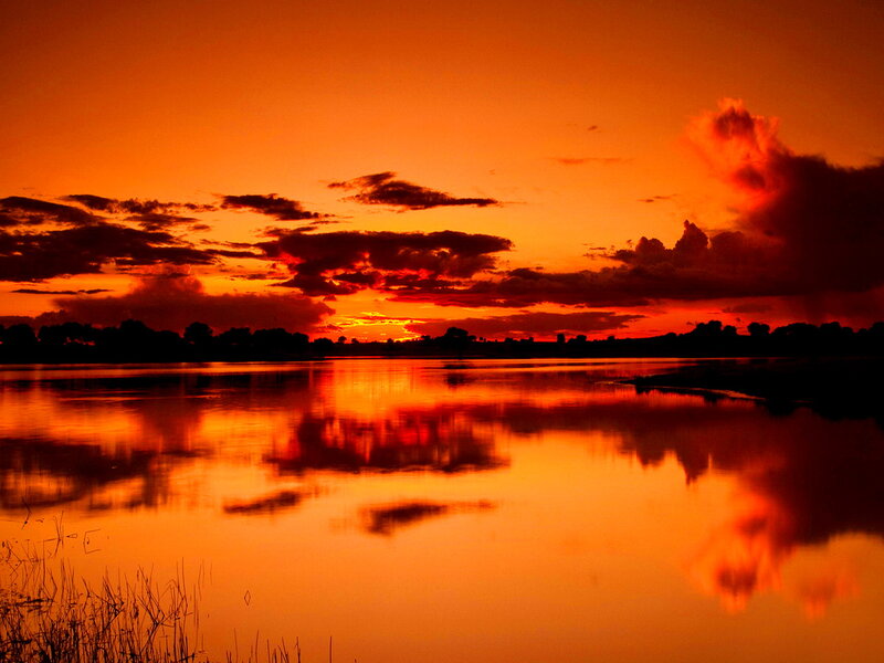 Sunset over Lake — Orange, Dramatic, Photograph, Clouds, Trees, Water
