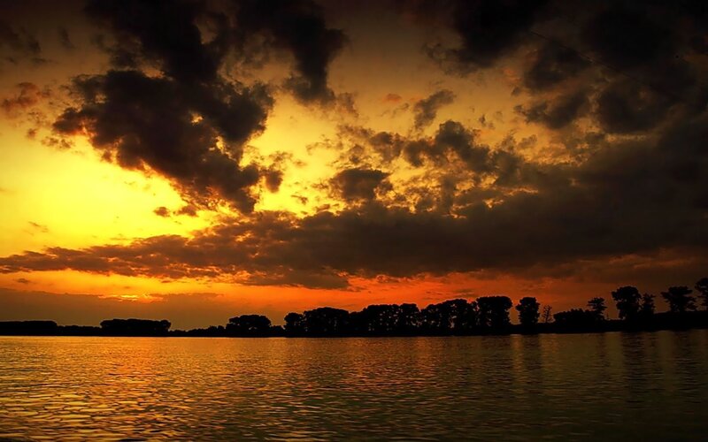 Sunset over Lake — Orange, Dramatic, Photograph, Clouds, Trees, Water, Yellow