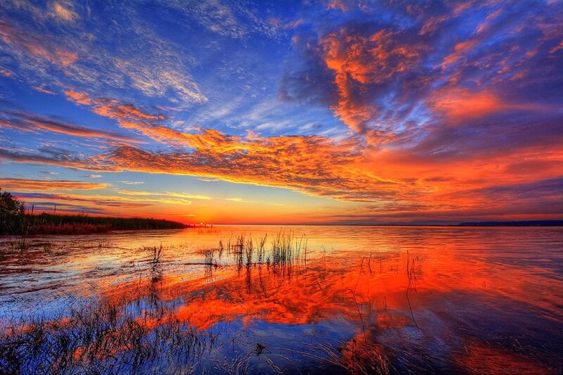 Sunset over Lake — Orange, Dramatic, Photograph, Clouds, Water, Reeds