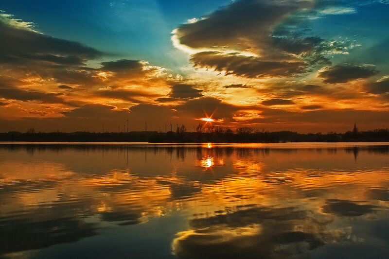 Sunset over Lake — Orange, Dramatic, Photograph, Clouds, Wind Turbines