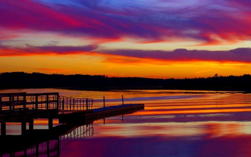 Sunset over Lake — Orange, Dramatic, Photograph, Dock, Trees, Sky