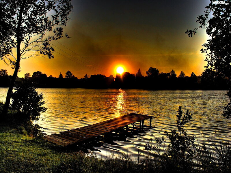 Sunset over Lake — Orange, Dramatic, Photograph, Dock, Trees