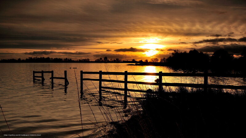 Sunset over Lake — Orange, Dramatic, Photograph, Fence