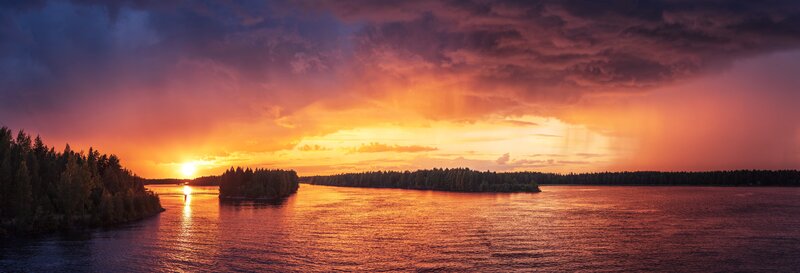 Sunset over Lake — Orange, Dramatic, Photograph, Forest, Island