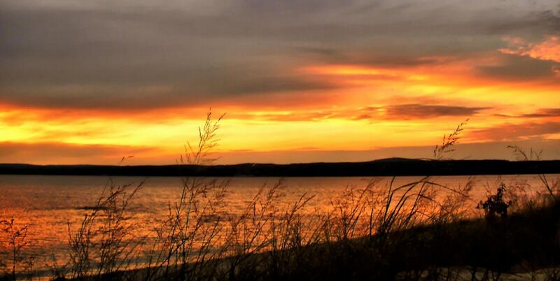 Sunset over Lake — Orange, Dramatic, Photograph, Grass