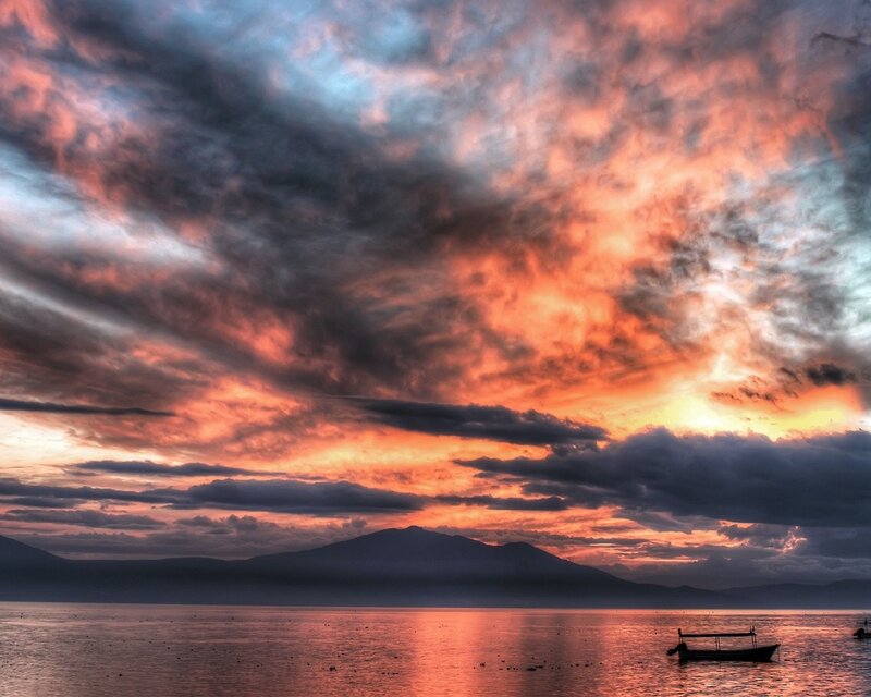 Sunset over Lake — Orange, Dramatic, Photograph, Mountain, Boat