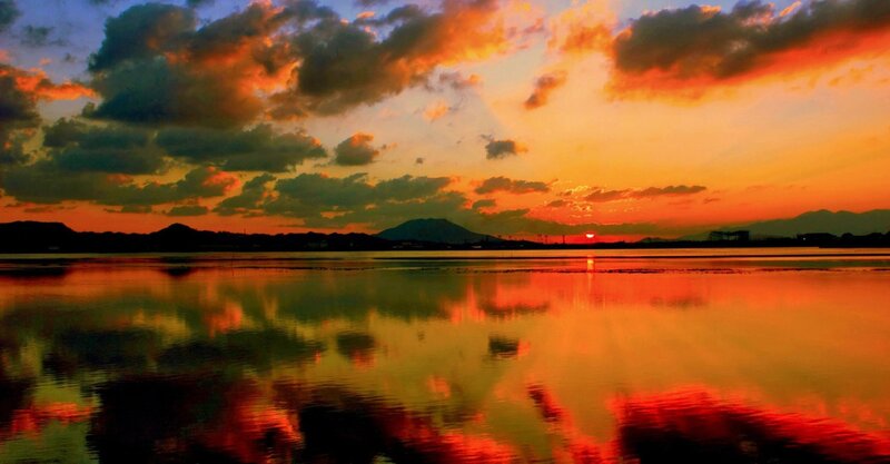 Sunset over Lake — Orange, Dramatic, Photograph, Mountain, Clouds