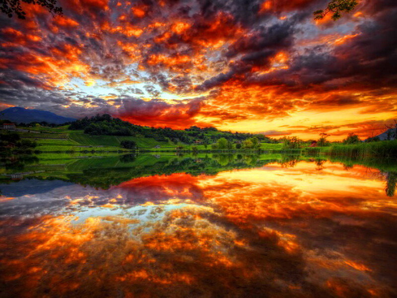 Sunset over Lake — Orange, Dramatic, Photograph, Mountain, Trees