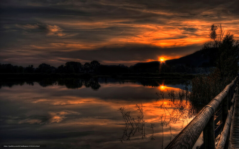 Sunset over Lake — Orange, Dramatic, Photograph, Mountain, Wooden Railing