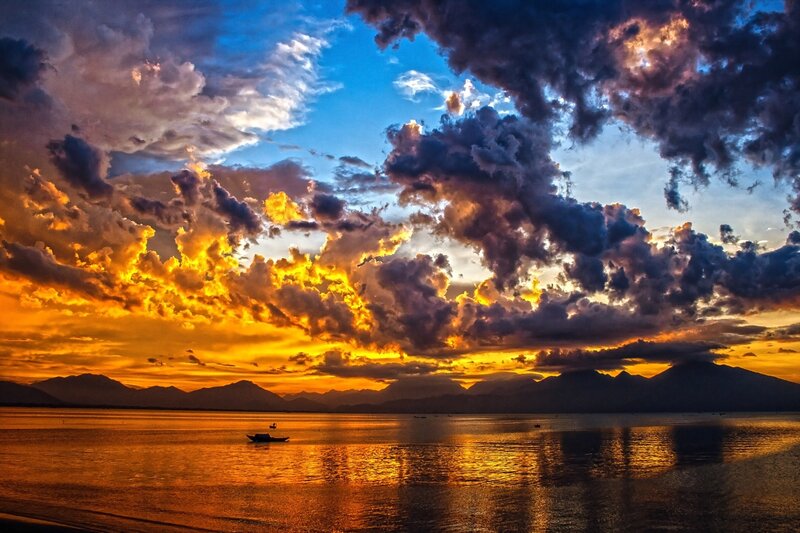 Sunset over Lake — Orange, Dramatic, Photograph, Mountains, Boat