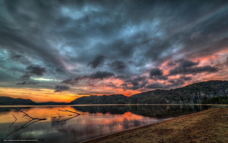Sunset over Lake — Orange, Dramatic, Photograph, Mountains, Clouds, Driftwood, Beach