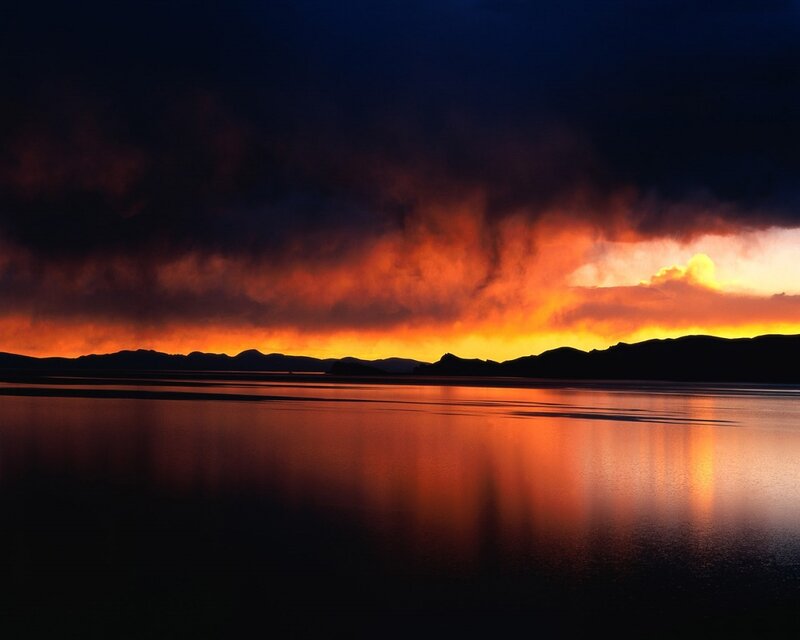 Sunset over Lake — Orange, Dramatic, Photograph, Mountains, Clouds, Reflection, Black, Yellow