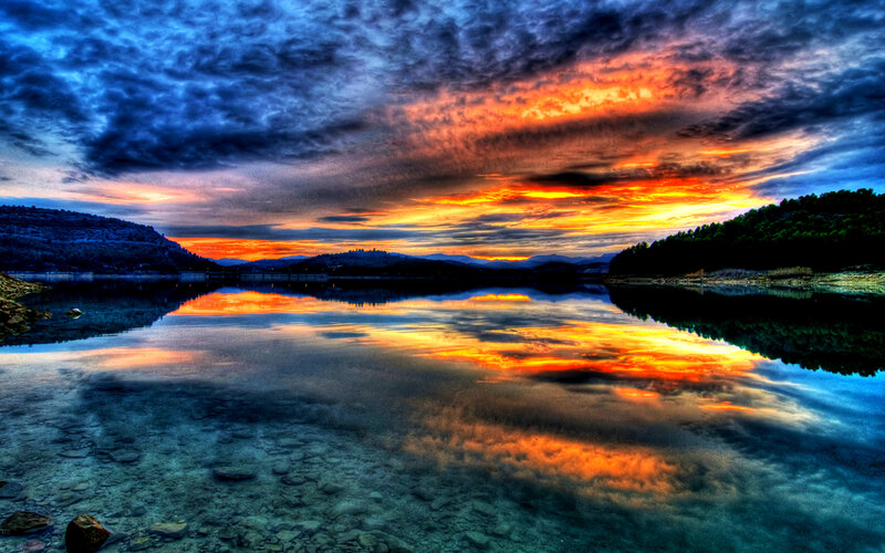 Sunset over Lake — Orange, Dramatic, Photograph, Mountains, Clouds, Reflection