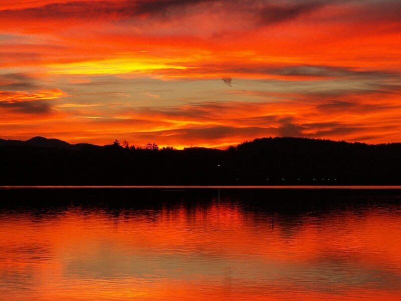 Sunset over Lake — Orange, Dramatic, Photograph, Mountains, Clouds