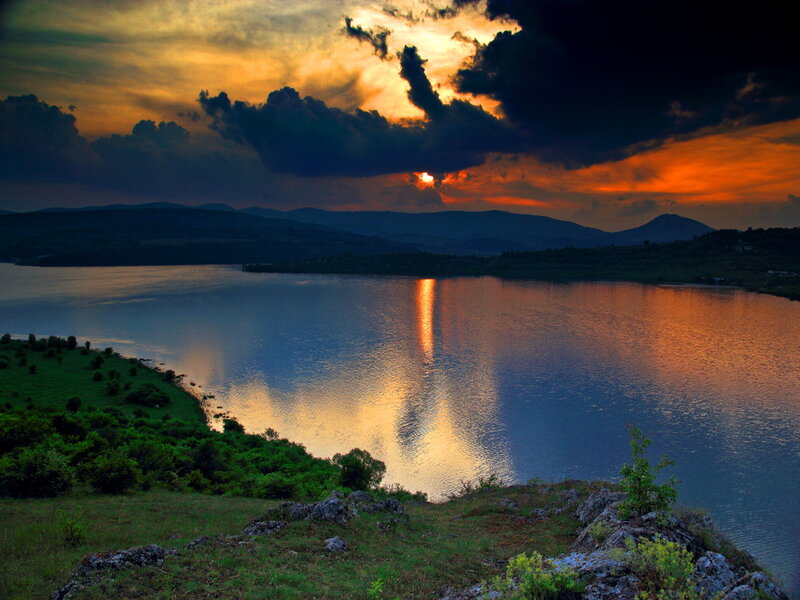 Sunset over Lake — Orange, Dramatic, Photograph, Mountains, Clouds, Water