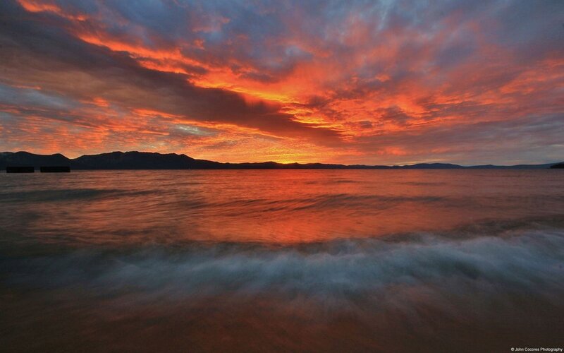 Sunset over Lake — Orange, Dramatic, Photograph, Mountains, Clouds, Waves