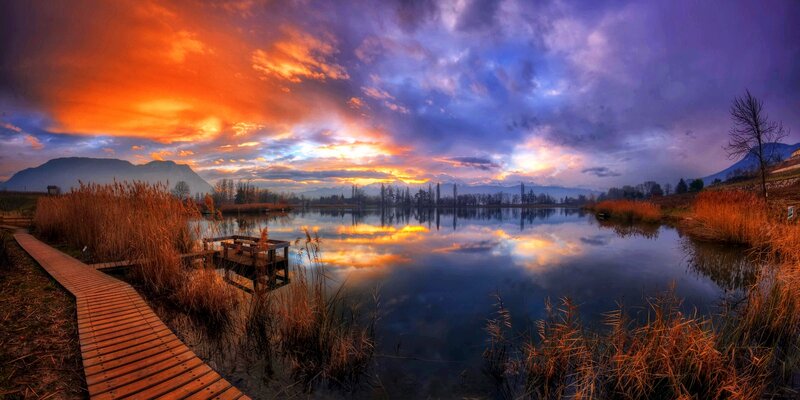 Sunset over Lake — Orange, Dramatic, Photograph, Mountains, Reeds