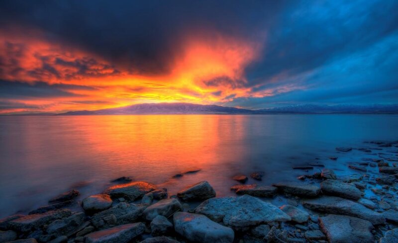 Sunset over Lake — Orange, Dramatic, Photograph, Mountains, Rocks, Clouds