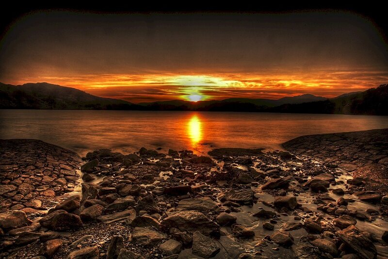 Sunset over Lake — Orange, Dramatic, Photograph, Mountains, Rocks