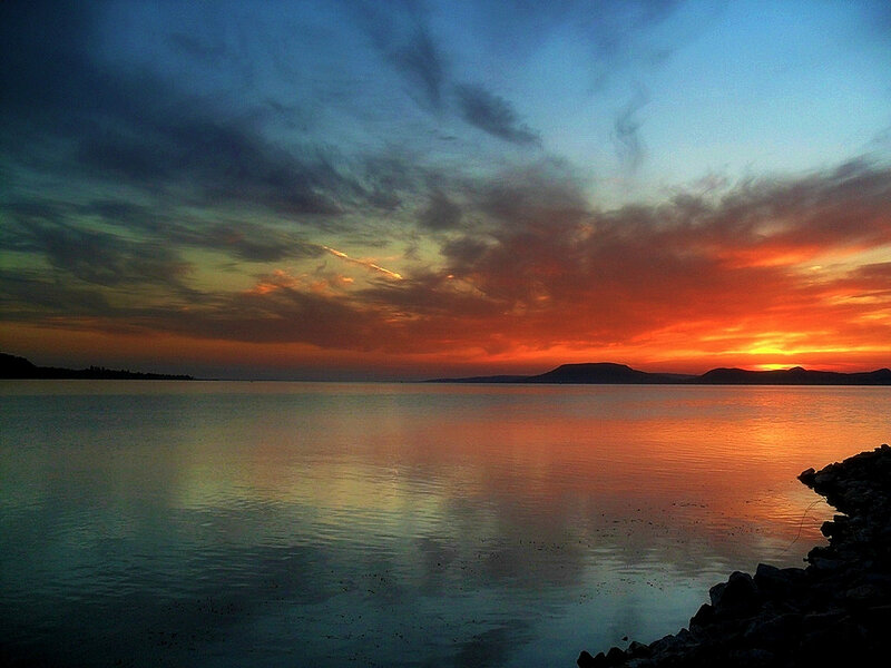Sunset over Lake — Orange, Dramatic, Photograph, Mountains, Sky, Rocks