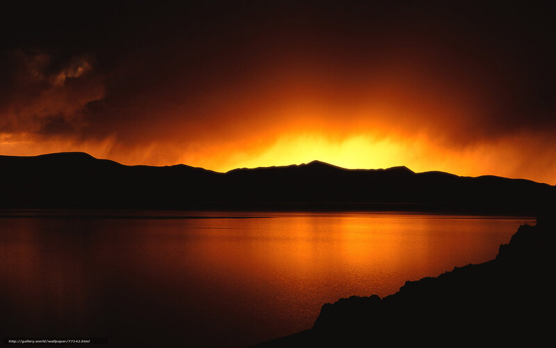 Sunset over Lake — Orange, Dramatic, Photograph, Mountains, Sky, Water