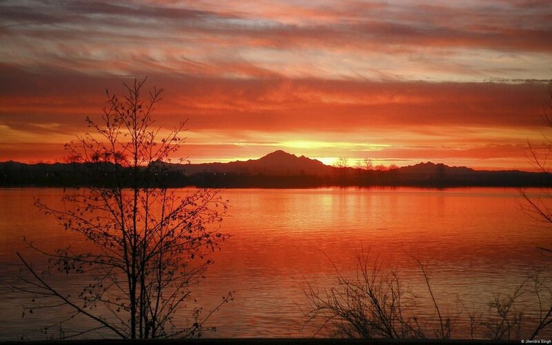 Sunset over Lake — Orange, Dramatic, Photograph, Mountains, Tree, Sky