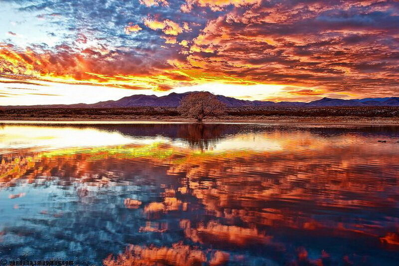 Sunset over Lake — Orange, Dramatic, Photograph, Mountains, Tree