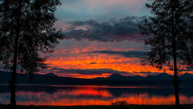 Sunset over Lake — Orange, Dramatic, Photograph, Mountains, Trees, Sky