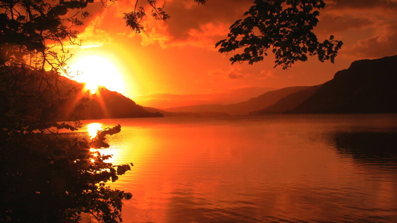 Sunset over Lake — Orange, Dramatic, Photograph, Mountains, Trees, Sun