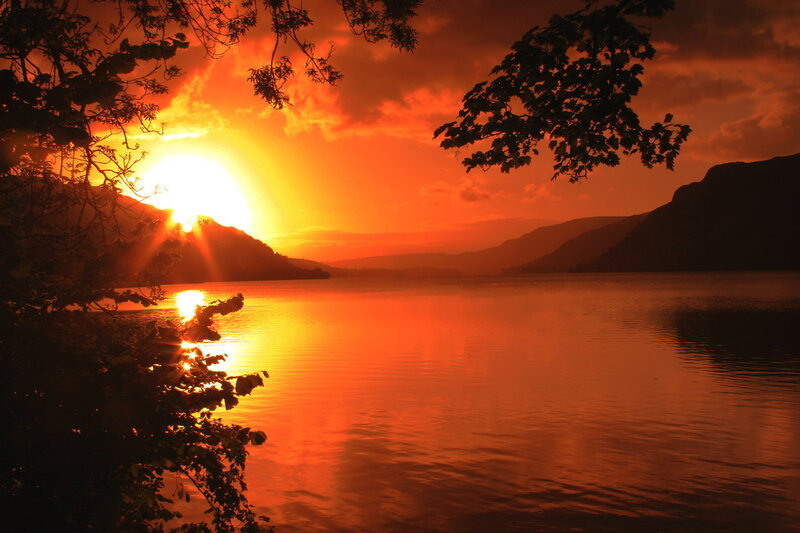 Sunset over Lake — Orange, Dramatic, Photograph, Mountains, Trees