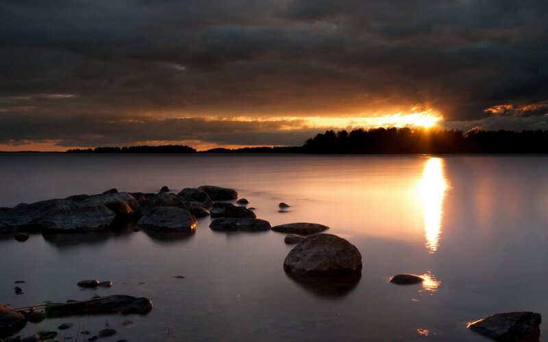 Sunset over Lake — Orange, Dramatic, Photograph, Rocks
