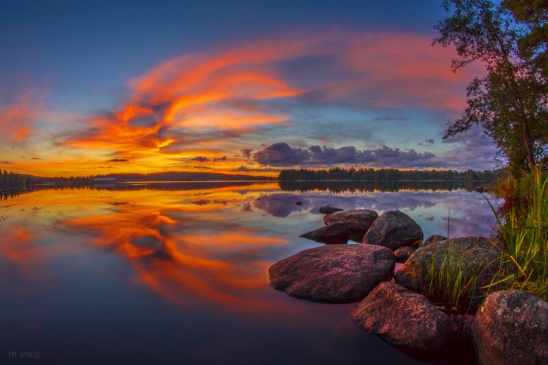 Sunset over Lake — Orange, Dramatic, Photograph, Rocks, Trees, Clouds