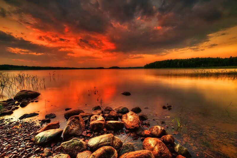 Sunset over Lake — Orange, Dramatic, Photograph, Rocks, Trees, Sky