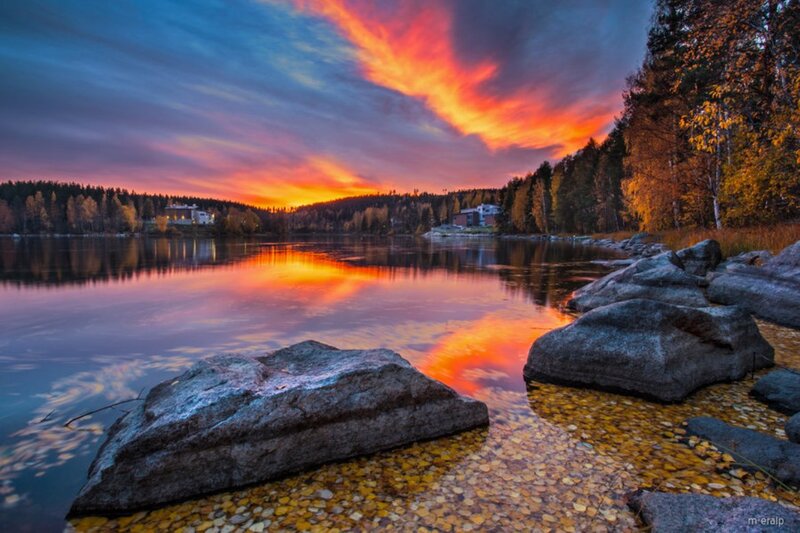 Sunset over Lake — Orange, Dramatic, Photograph, Rocks, Trees