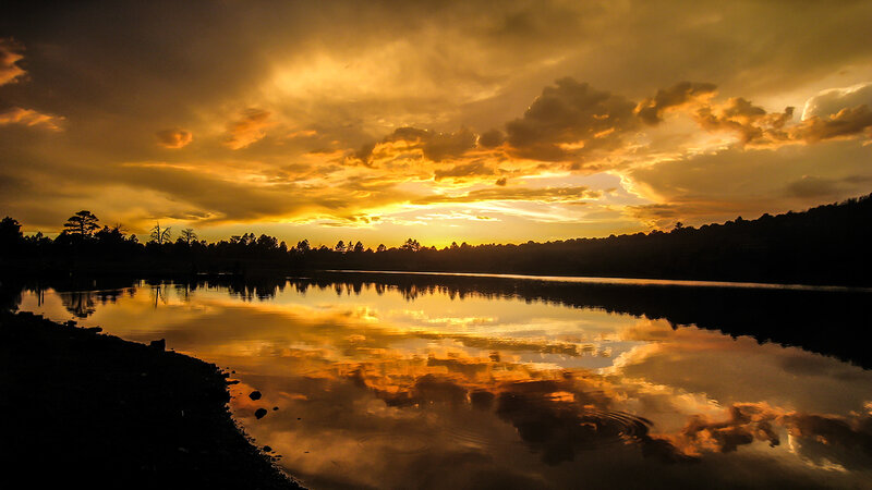 Sunset over Lake — Orange, Dramatic, Photograph, Sky, Clouds, Trees, Reflection