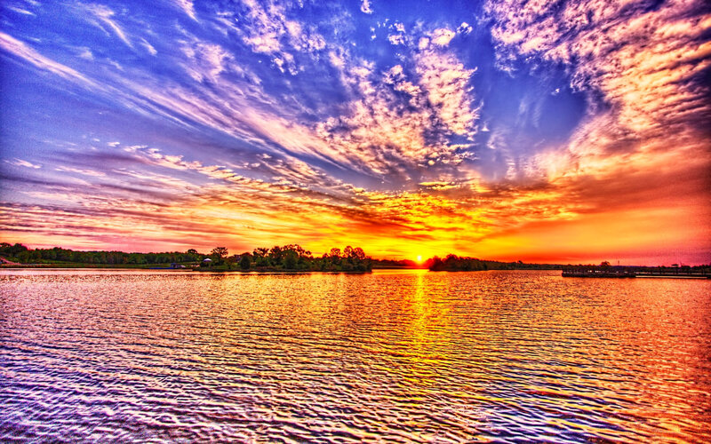 Sunset over Lake — Orange, Dramatic, Photograph, Sky, Clouds, Trees