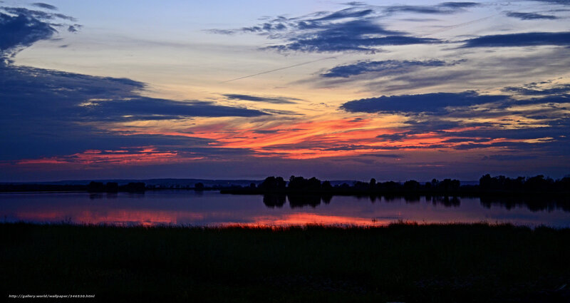 Sunset over Lake — Orange, Dramatic, Photograph, Sky, Clouds, Trees, Water