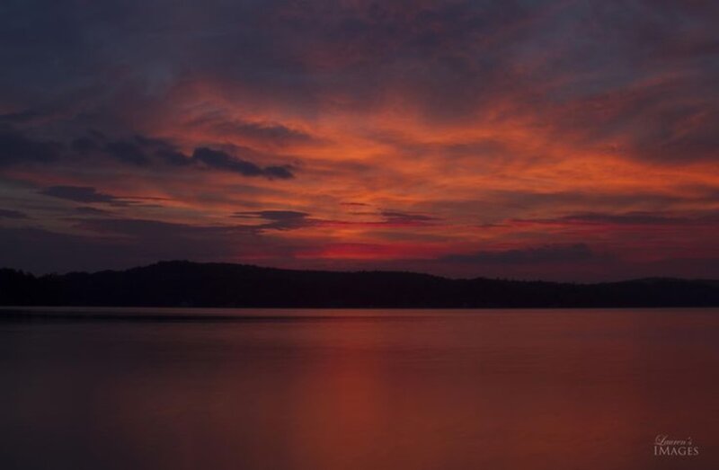 Sunset over Lake — Orange, Dramatic, Photograph, Sky, Clouds, Water, Hills