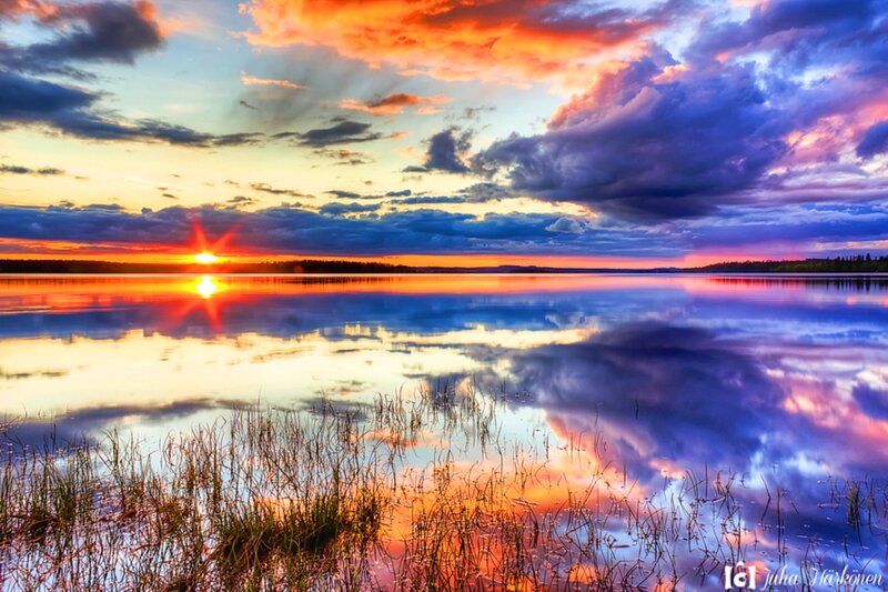 Sunset over Lake — Orange, Dramatic, Photograph, Sky, Clouds, Water
