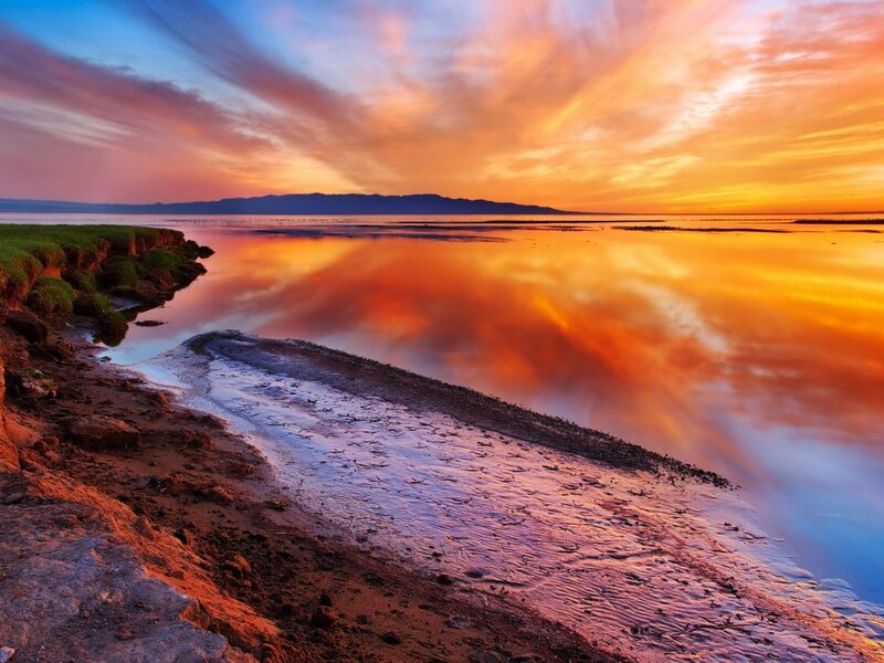 Sunset over Lake — Orange, Dramatic, Photograph, Sky, Mountains