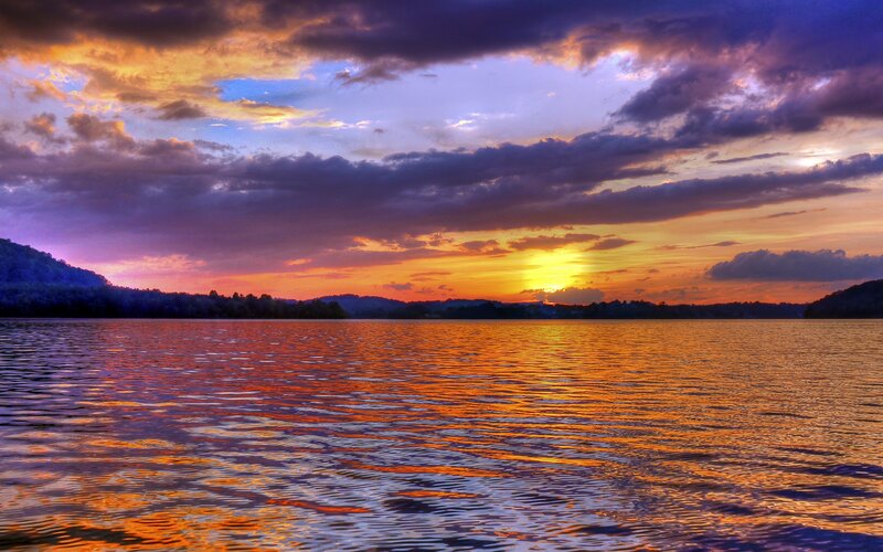 Sunset over Lake — Orange, Dramatic, Photograph, Sky